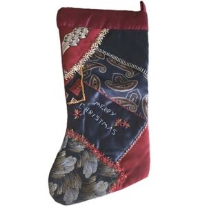15” Handmade Silk Christmas Stocking Patchwork Needlework Upcycled Neckties